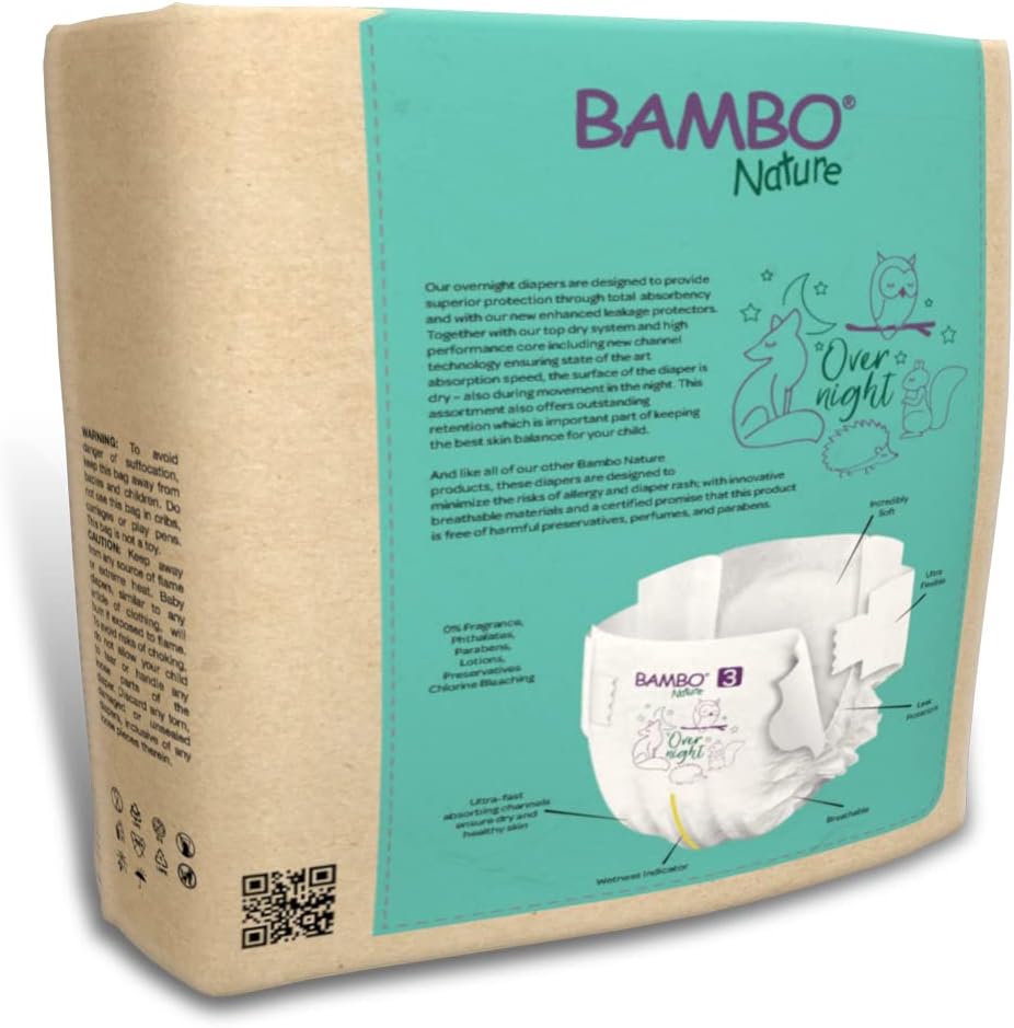 Bambo Nature Overnight Baby Diapers (Sizes 3 TO 6), Size 3, 104 Count