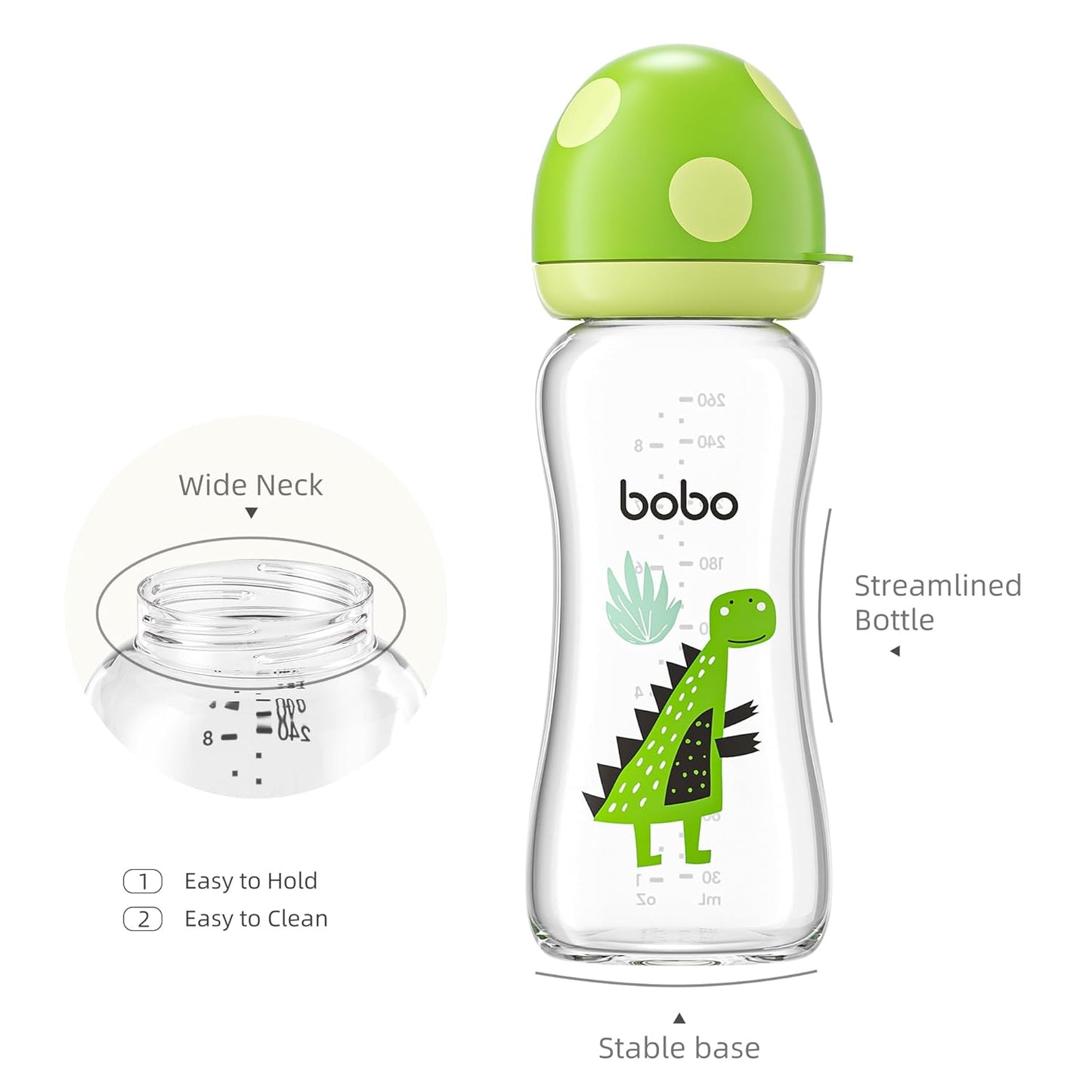 YOHKOH Natural Glass Baby Bottle with Natural Response Nipple, Newborn Anti-Colic Baby Bottles, Wide Neck Mushroom Cap Baby Bottle, Clear (8.8ounce (Pack of 4), Green2)