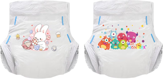 Landofgenie Adult Diapers with Tabs Unisex Overnight High Absorbency Diapers Pack of 2 (Large 36"- 46") - Happy Bunny and Little Monster