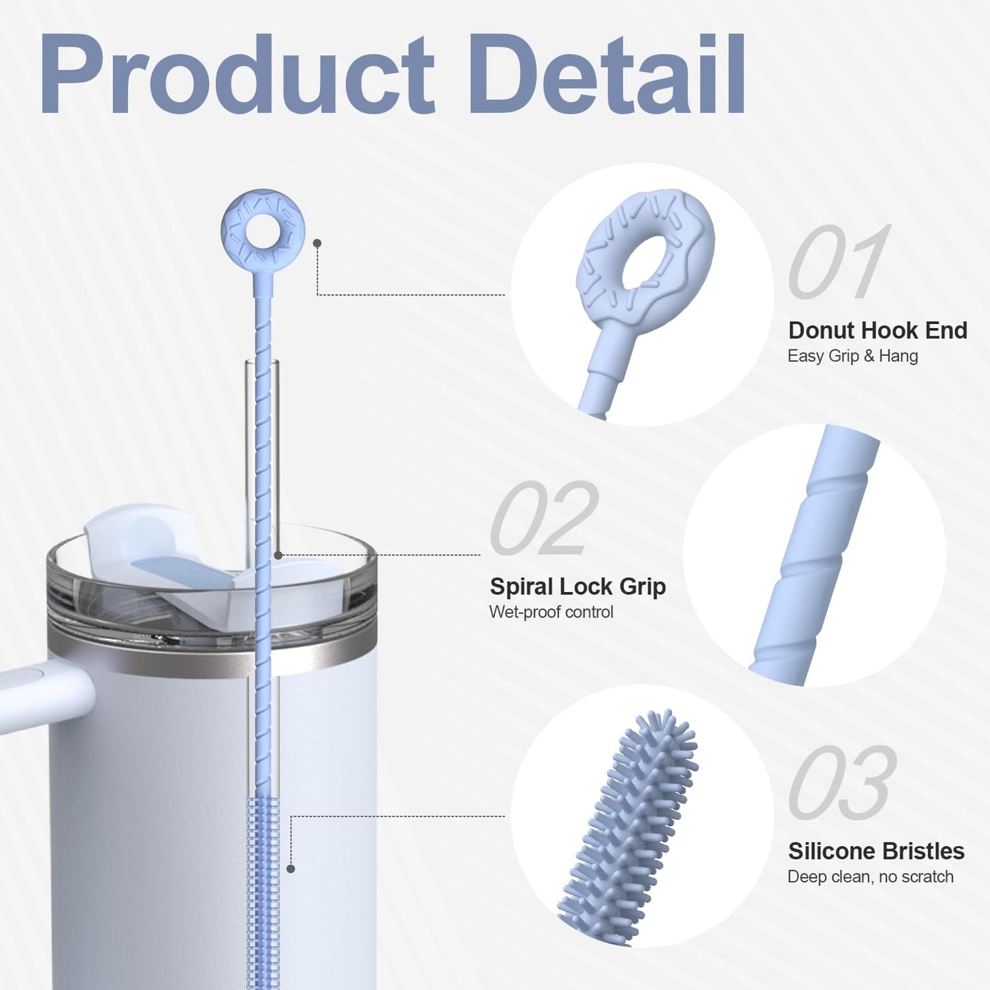 YOTIME Silicone Straw Cleaner Brush, 2 Pcs Reusable Straw Brush(6mm+9mm) for Cleaning Narrow & Wide Straws, Tumblers, Blue