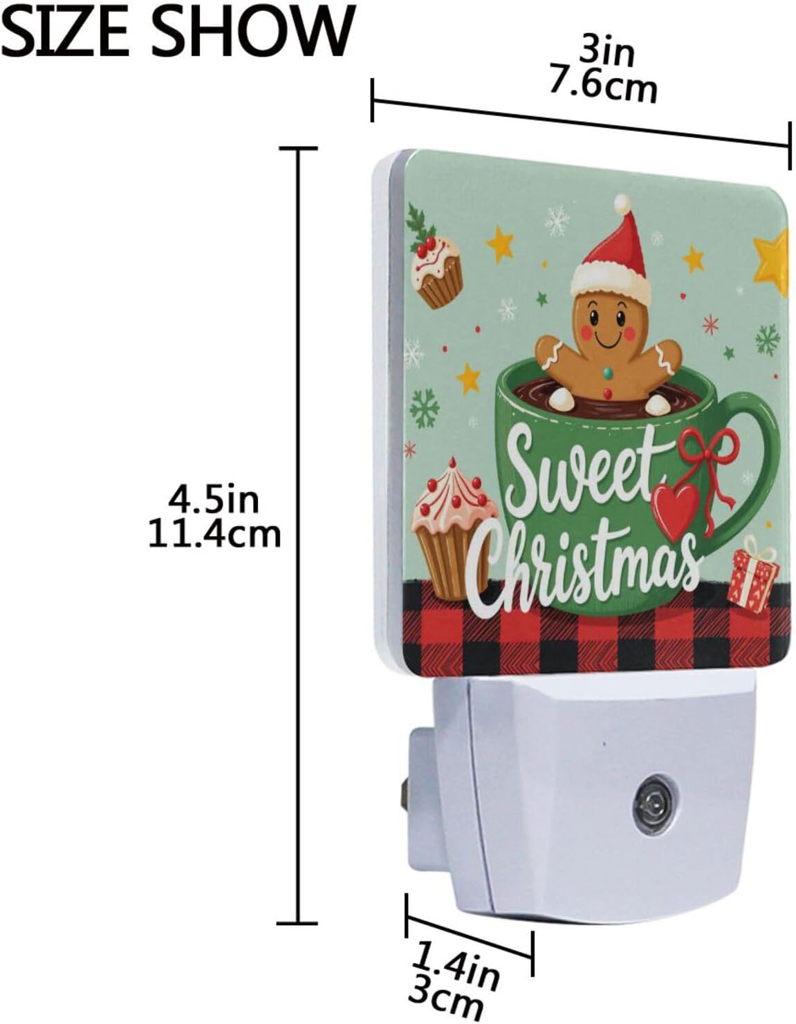 Aslsiy Night Light for Kids Gingerbread Man Cup Christmas Plaid Plug in Wall Lamp LED Dusk to Dawn Sensor Energy Saving Nightlight for Boys Girls Men Women