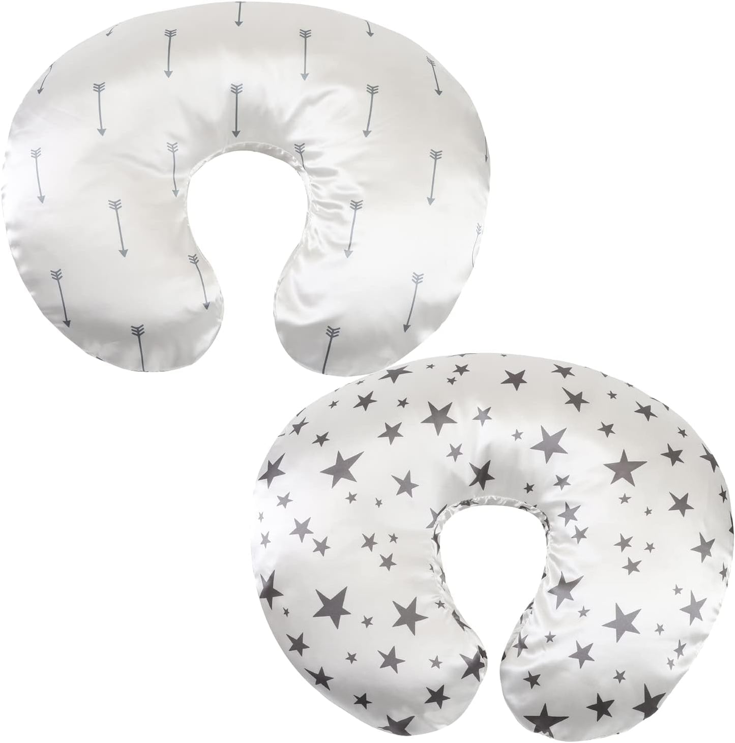 Satin Nursing Pillow Cover Set - 2 Pack Ultra Soft Silk, Compatible with Boppy Pillow for Breastfeeding, Protects Baby Hair & Skin - Grey Arrows & Stars
