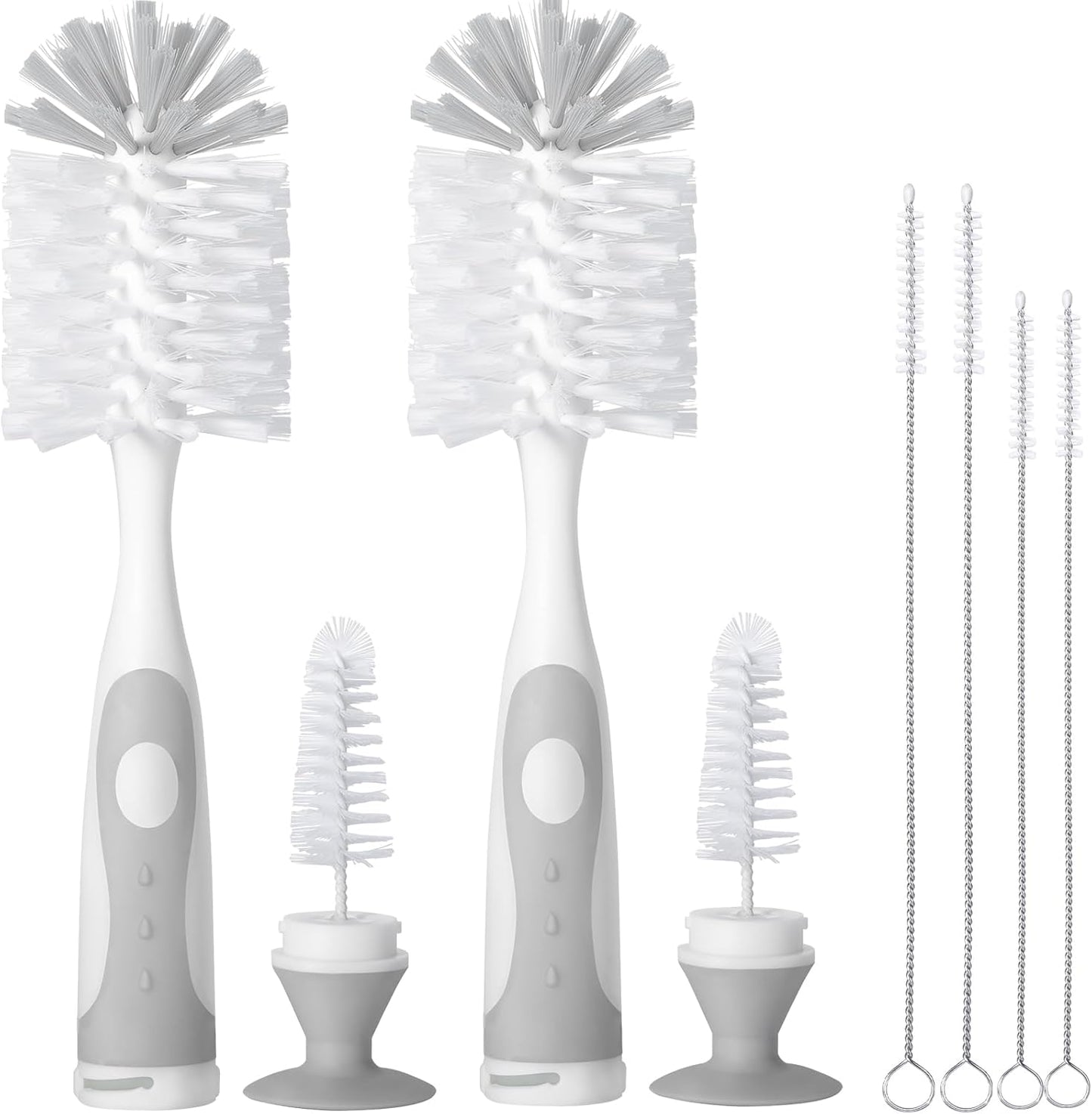 2 Pack Baby Bottle Brush with 4 Pack Straw Brushes, 10.2" Nylon Brushe with Nipple Cleaner and Stand Suction Cup (Gray)