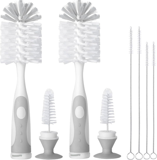 2 Pack Baby Bottle Brush with 4 Pack Straw Brushes, 10.2" Nylon Brushe with Nipple Cleaner and Stand Suction Cup (Gray)
