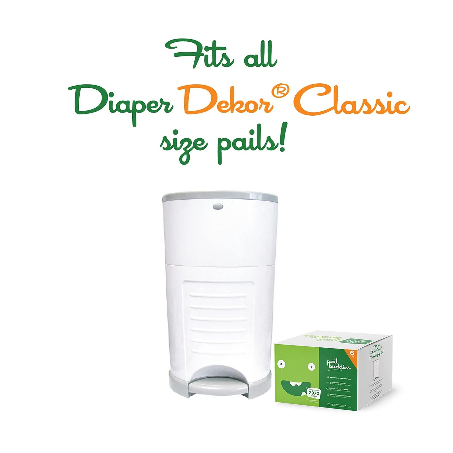 Pail Buddies Diaper Pail Refills | 6 Count | Compatible with Dekor Classic Diaper Pail | Strong, Durable Diaper Pail Refills with Fresh, Baby Powder Scent