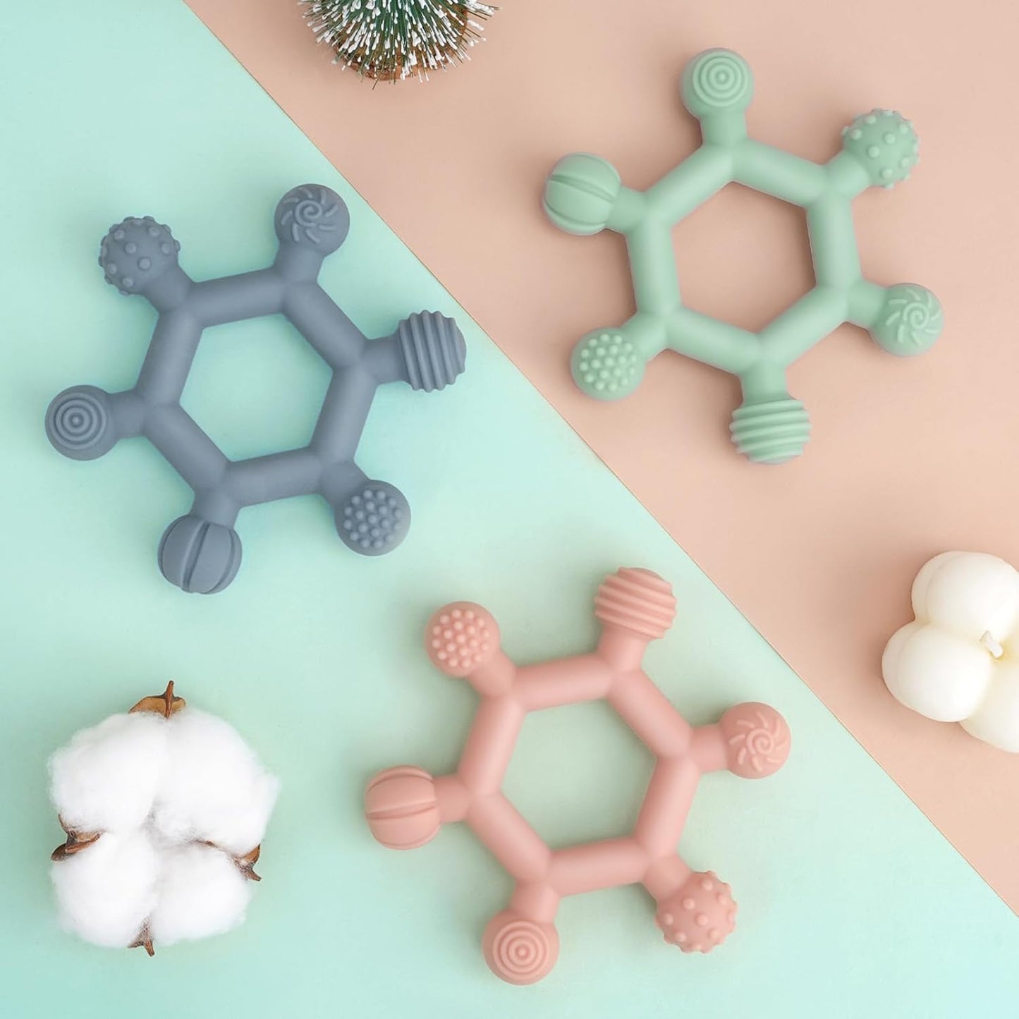 3 Pack Baby Teething Toys, BPA-Free Silicone Baby Teether Toys Teething Relief, Chew Toy for Babies 6-24 Months (Green & Blue & Pale Pink)