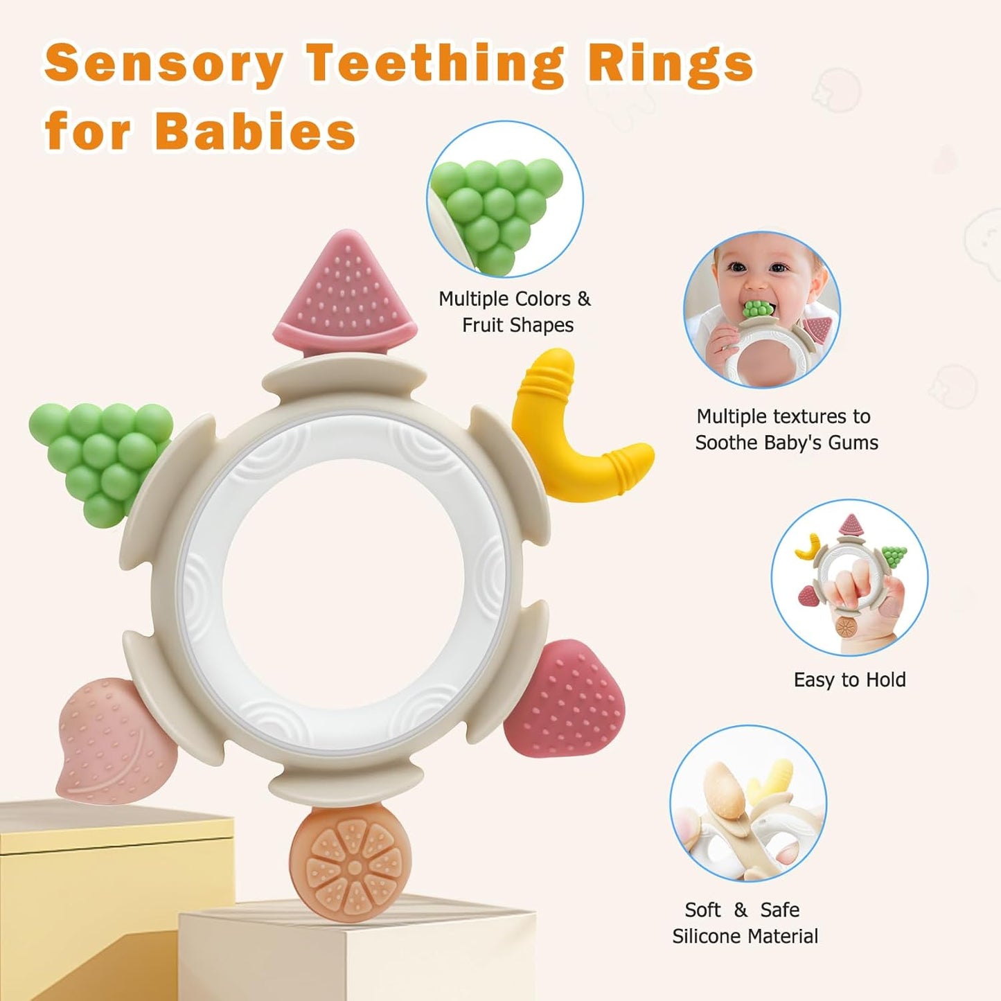 Baby Teething Ring Toy for 3–12 Months, Silicone Infant Teether for Sore Gum Relief, Soothing Sensory Chew Toy, Ideal Newborn Gift for Boys Girls Baby Shower, Birthday or Christmas, Brown