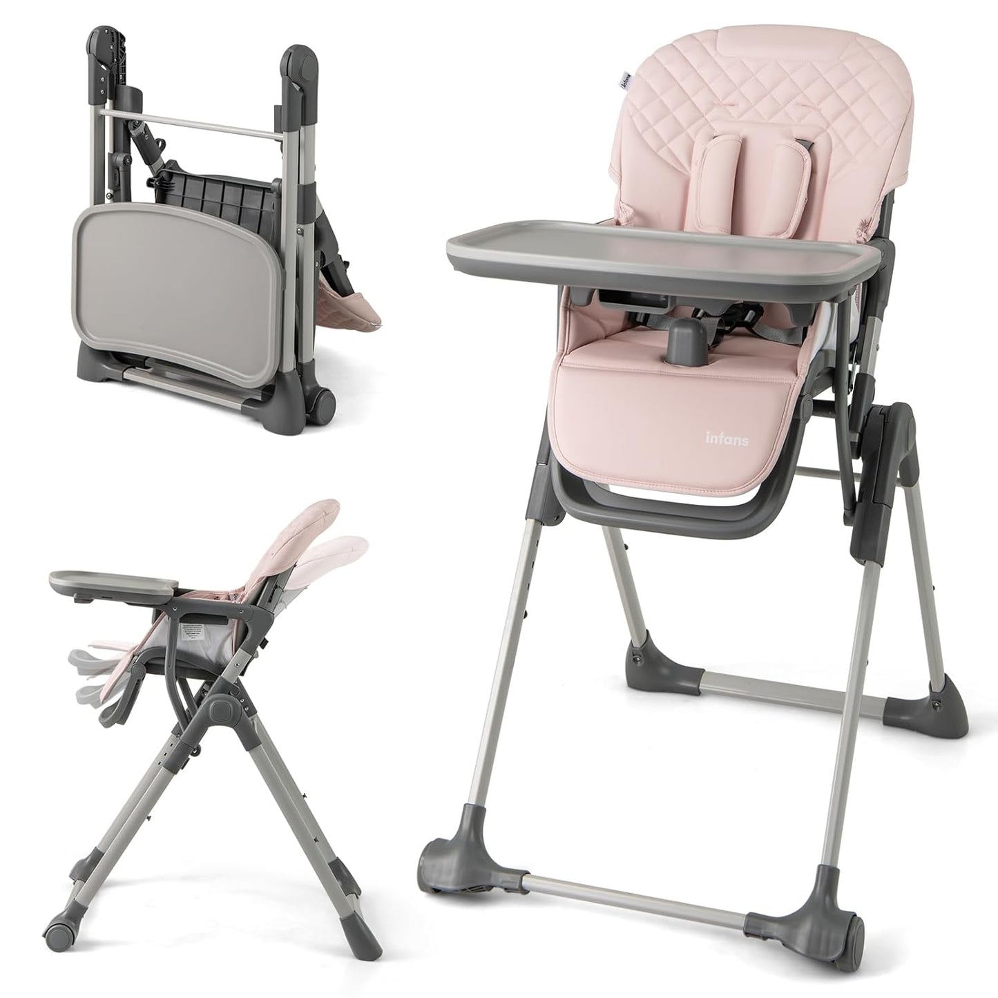 INFANS Baby High Chair, Convertible Quick Folding Portable Highchair for Babies and Toddlers with Adjustable Height Backrest Footrest 2 Wheels Removable Tray, Easy to Clean PU Seat (Pink)