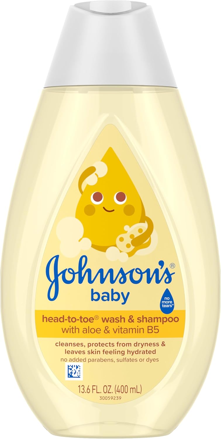 Johnson's Baby Head-To-Toe Baby Wash & Shampoo + Aloe & Vitamin B5, 2-in-1 Bath Wash Gently Cleanses Newborn's Delicate Skin & Hair, Hypoallergenic, No Added Parabens, Dyes & Sulfates, 13.6 fl. Oz