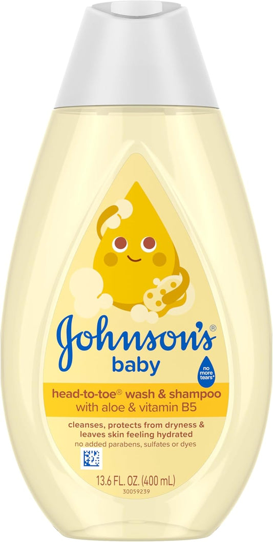 Johnson's Baby Head-To-Toe Baby Wash & Shampoo + Aloe & Vitamin B5, 2-in-1 Bath Wash Gently Cleanses Newborn's Delicate Skin & Hair, Hypoallergenic, No Added Parabens, Dyes & Sulfates, 13.6 fl. Oz