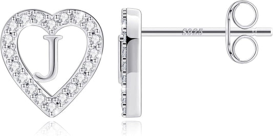 Anoup Christmas Gifts for Grandkids Girls Earrings - S925 Sterling Silver Post CZ Hypoallergenic Stud Heart Initial Earrings for Women Kids Jewelry Stocking Stuffers for Teen Girls Birthday Gifts