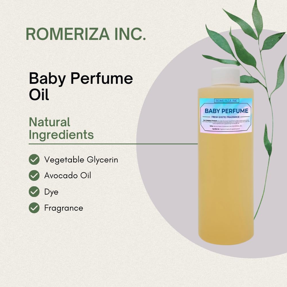 ROMERIZA INC.Baby Essential Fragrance Body Oil – Luxury Unisex Baby Oil Perfume with Long Lasting Baby Powder Scent – Soft Baby Smell, Uncut Perfume Oil, Scented Body Oil for Women & Men – 10 Fl Oz