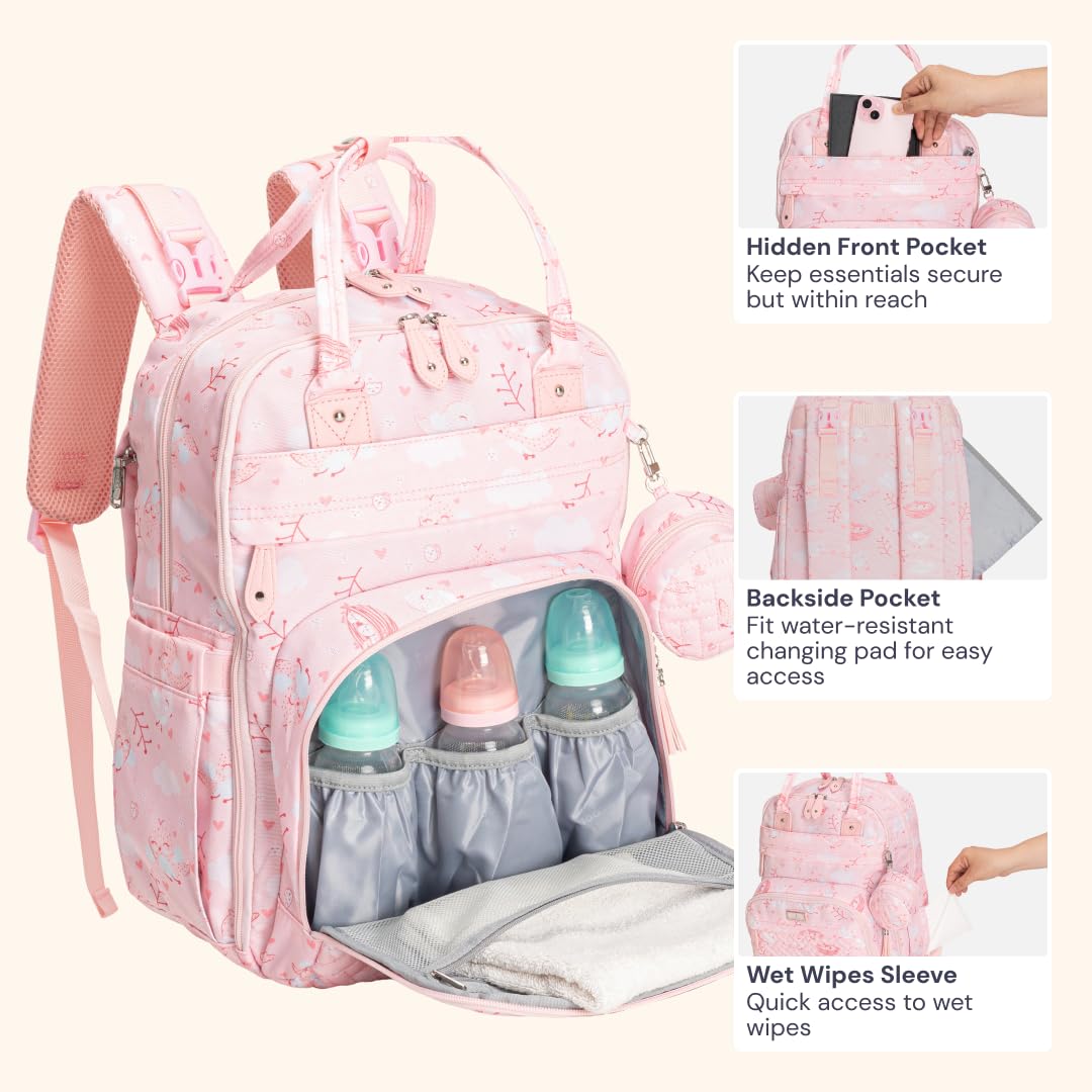 BabbleRoo Diaper Bag Backpack - Baby Essentials Travel Tote - Multi Function Water Resistant Diaper Bag, Travel Essentials Baby Bag with Changing Pad, Stroller Straps & Pacifier Case - Pink Birdy