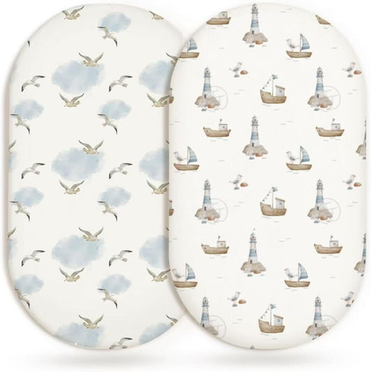 Bassinet Sheets for Baby Girls Boys 2 Pack, Fitted Baby Mattress Sheet for Rectangle, Oval, Hourglass Bassinet Mattress, Breathable Cozy & Universal Fit (Sailing Waves)