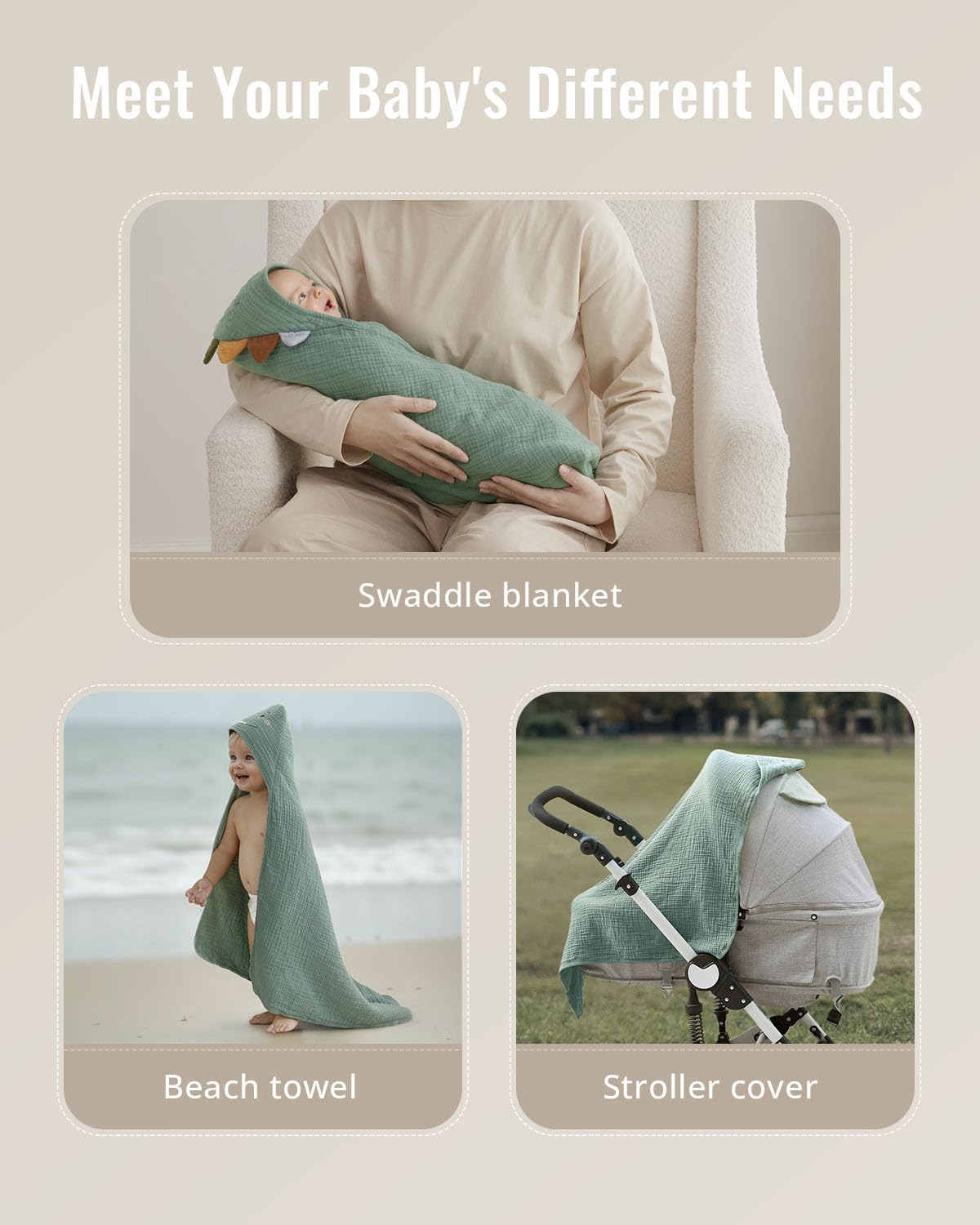 Blissful Diary Muslin Baby Hooded Towel, Soft and Absorbent Bath Towel for Newborn, Infant, Toddler, Unisex, 32″x32″ - Roguish Dino