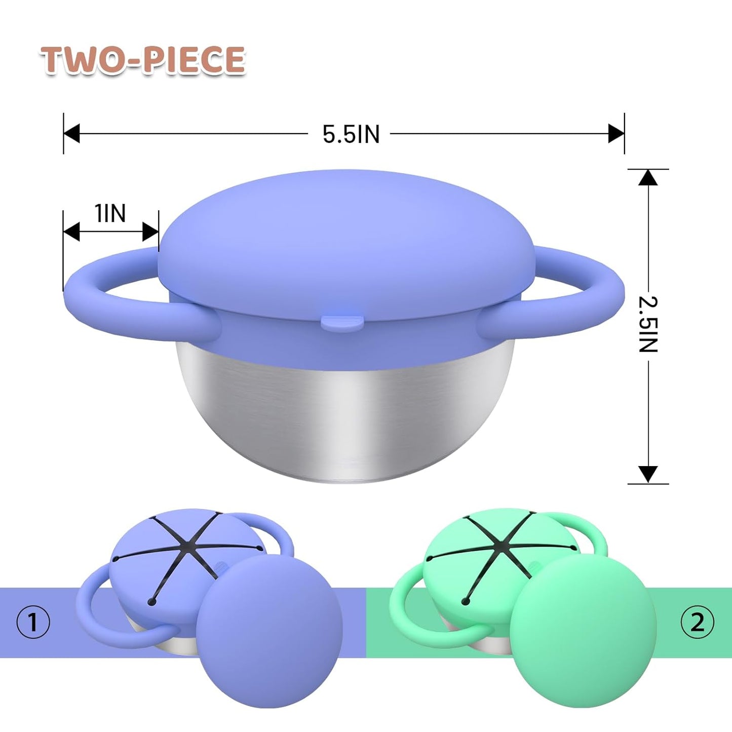 Snack Cups for Toddlers Spill Proof, 2 Pack Toddler Snack Containers with Silicone Lids & Handles, Safe and Durable, Stainless Steel Baby Snack Containers