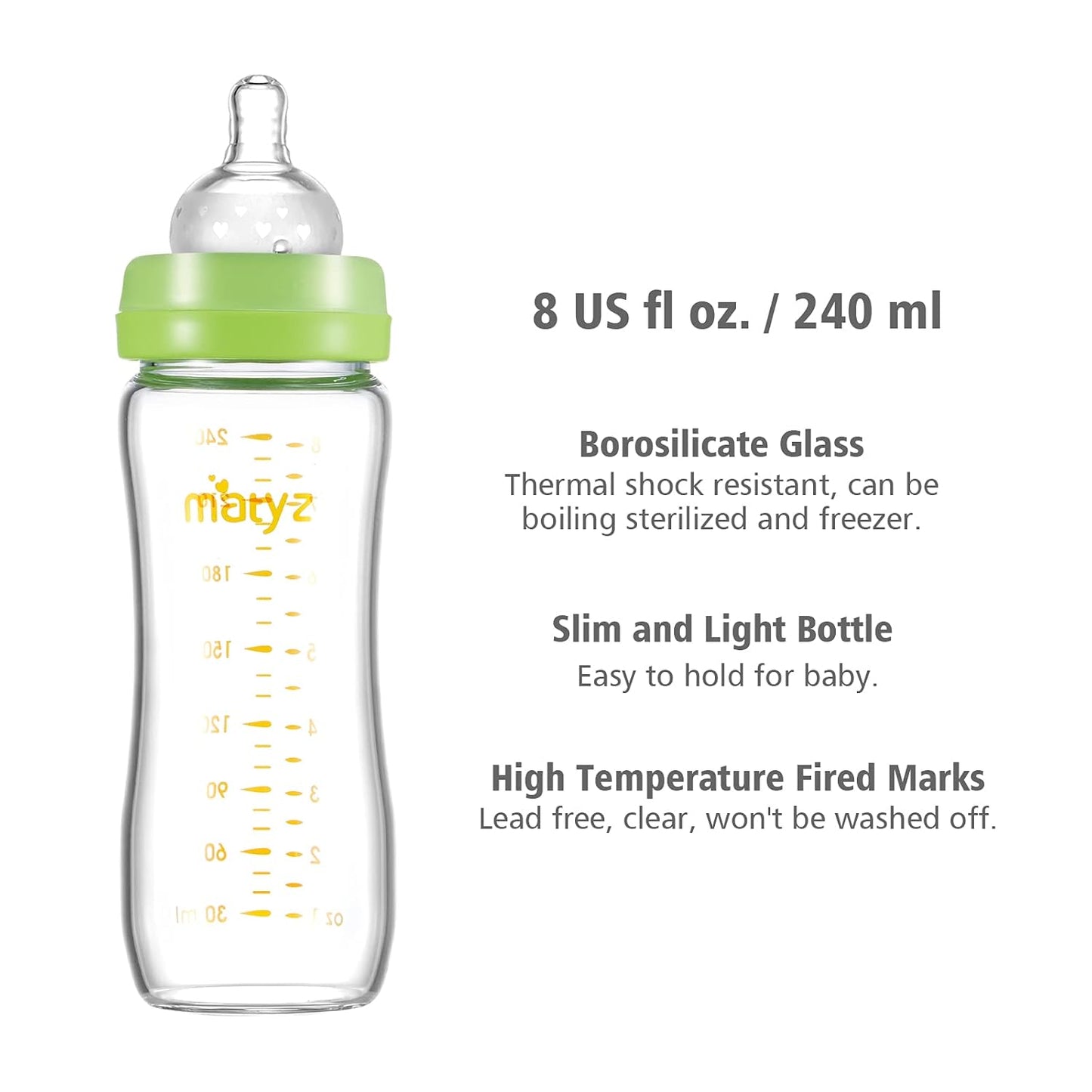 Matyz Glass Breastmilk Baby Feeding Bottle with Nipple, 2 Pack, 8 oz Slim and Light Bottle Easy to Hold, Food Grade Borosilicate Glass, Wide Neck Easy to Clean, No BPA (Green Lids)