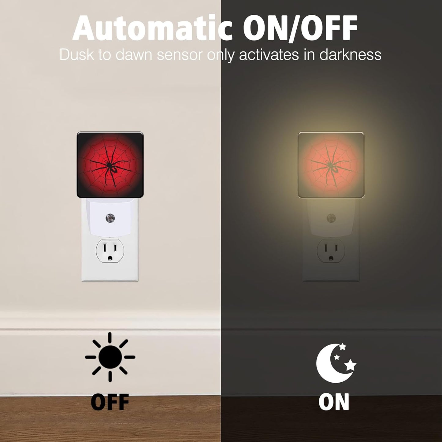 Red Spider Web Night Light Cobweb Trap Gossamer Plug in Night Lights LED Lamp with Dusk to Dawn Sensor Auto Energy Saving Square Lights for Bedroom Bathroom Hallway Home Wall Decor Nightlight