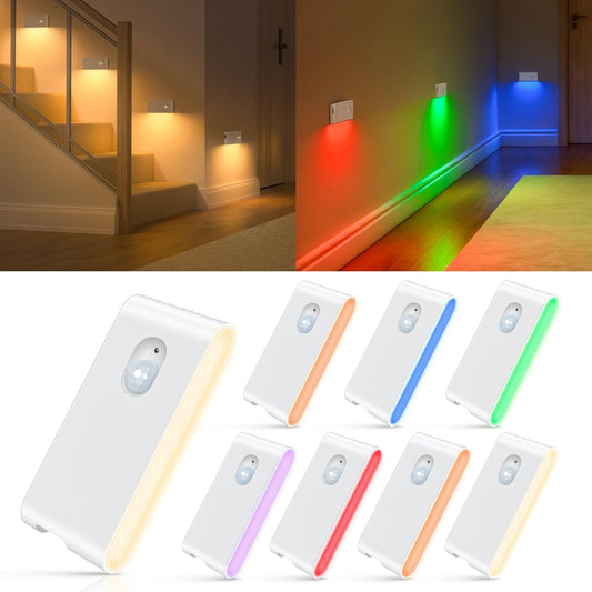 WILLED Motion Sensor Lights Indoor,RGB & Warm White Motion Sensor Night Light,Wireless Color Changing Stair Lights Indoor for Kids' Room,Stair,Bathroom,Hallway,Kitchen,Bedroom,Closet,Cabinet 8PC
