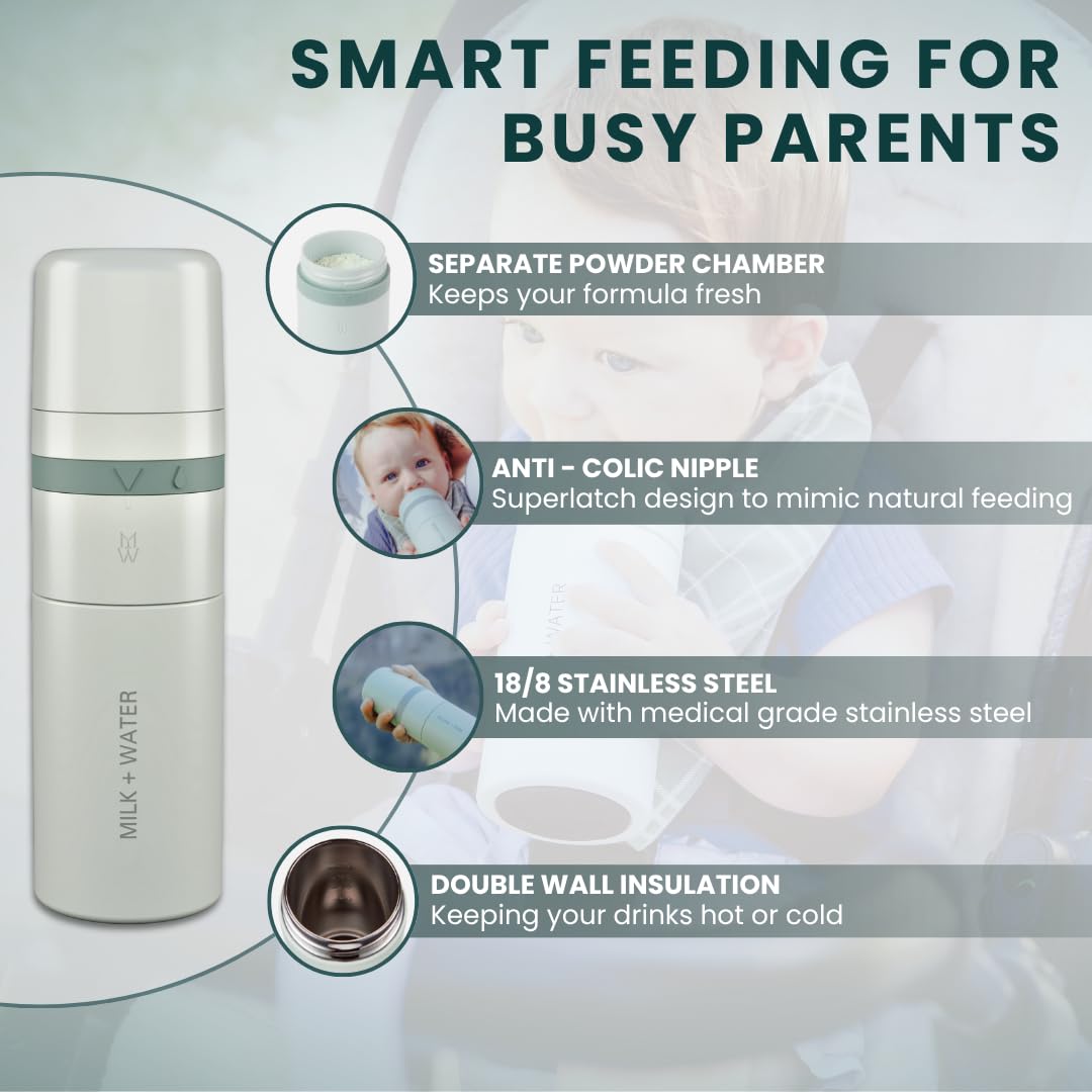 MILK & WATER All in One Baby Bottle & Baby Formula Dispenser On The Go, 9oz - Keeps Water Warm & Formula Fresh - Baby Formula Mixing Bottle with Anti Colic Nipple - Leak-Proof - 3+ Months (Green)