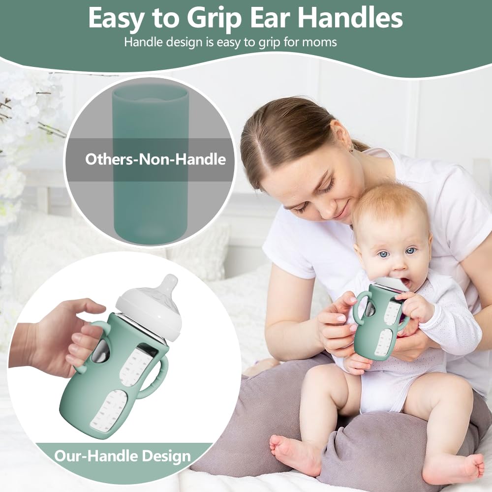2 Pack Silicone Sleeves for Avent Natural Glass Bottles, Anti Breakage Baby Bottle Protector with Easy-Grip Handle, Compatible Philips Avent Glass Natural Bottle 8 oz, Not for Infant Use