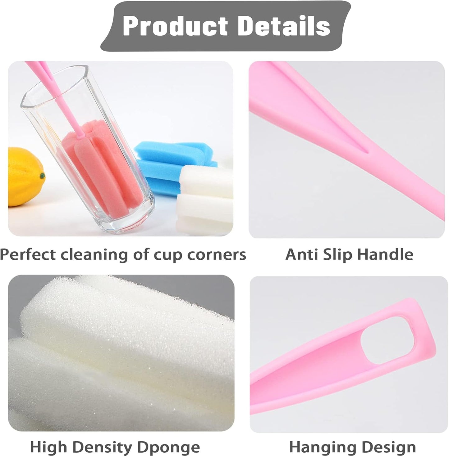 8PCS Bottle Brush Sponge Cup Brush with Straw Brushes Long Handle Cleaner Brush for Baby Bottle Glasswares Mugs Cups Kitchen Clean (4 Bottle Brushes + 4 Straw Brushes)
