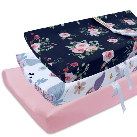 AMROSE 3 Pack Easy Care Changing Pad Covers, Ultra Soft Microfiber Diaper Change Table Sheets for Baby Girls, Floral & Butterfly & Pink