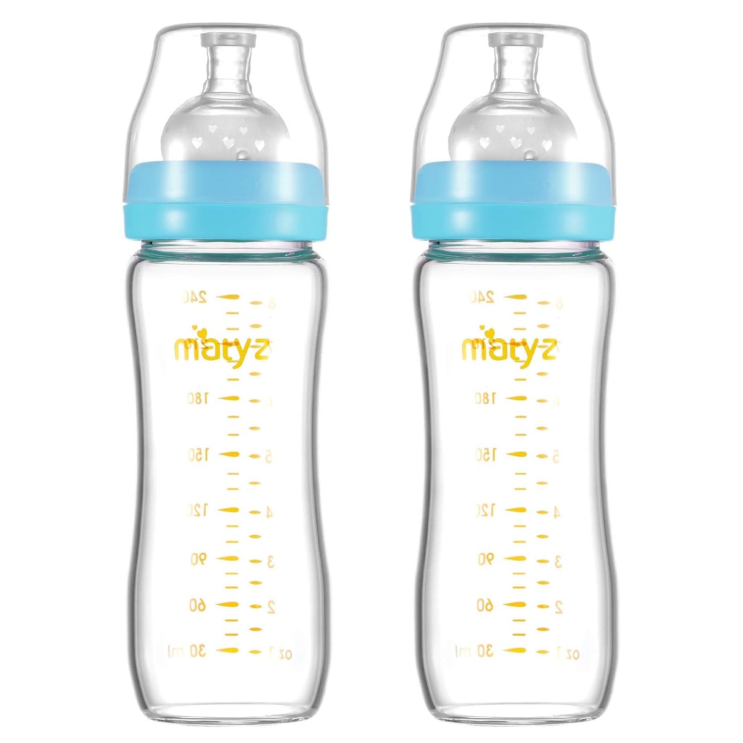 Matyz Glass Breastmilk Baby Feeding Bottle with Nipple, 2 Pack, 8 oz Slim and Light Bottle Easy to Hold, Food Grade Borosilicate Glass, Wide Neck Easy to Clean, No BPA (Blue Lids)