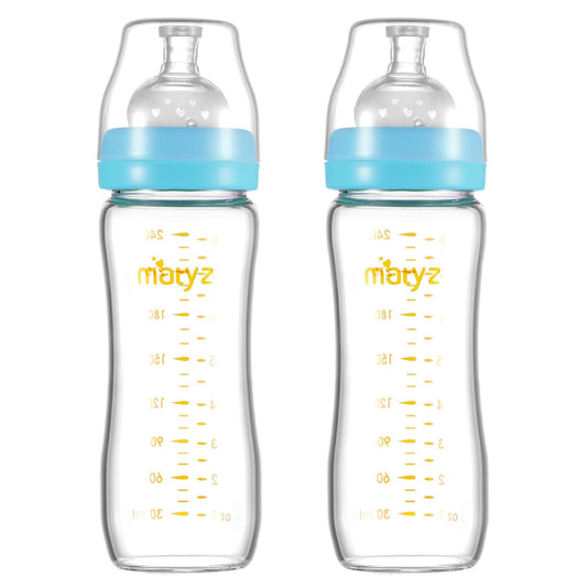 Matyz Glass Breastmilk Baby Feeding Bottle with Nipple, 2 Pack, 8 oz Slim and Light Bottle Easy to Hold, Food Grade Borosilicate Glass, Wide Neck Easy to Clean, No BPA (Blue Lids)