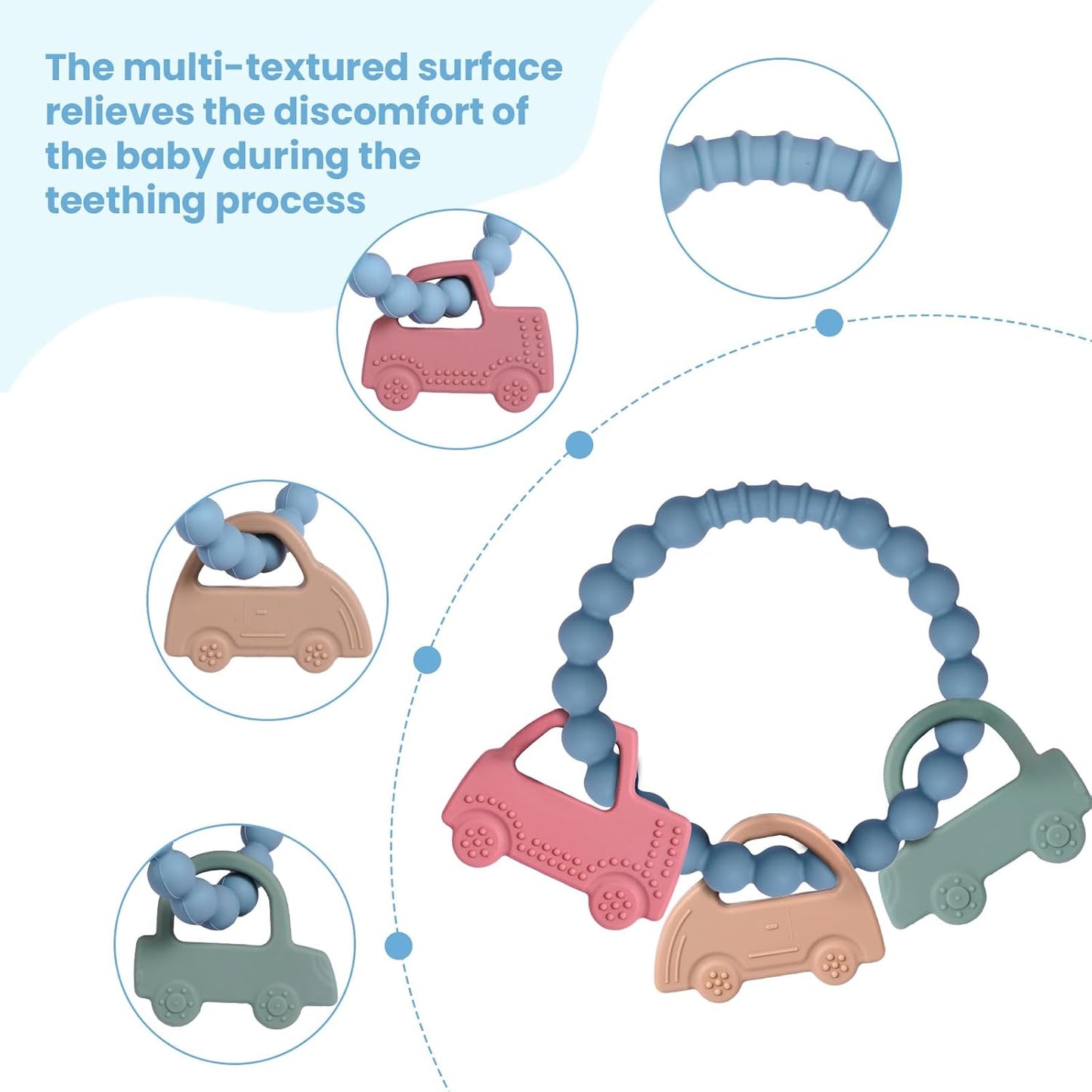 Baby Silicone Ring Toy with 3 Cars Teether,Food Grade Silicone Chew Toys for 3-6,6-12,12-18 Months Newborns,Infants,Toddlers Teething Relief,Safe and Soft,BPA Free,Baby Essentials.