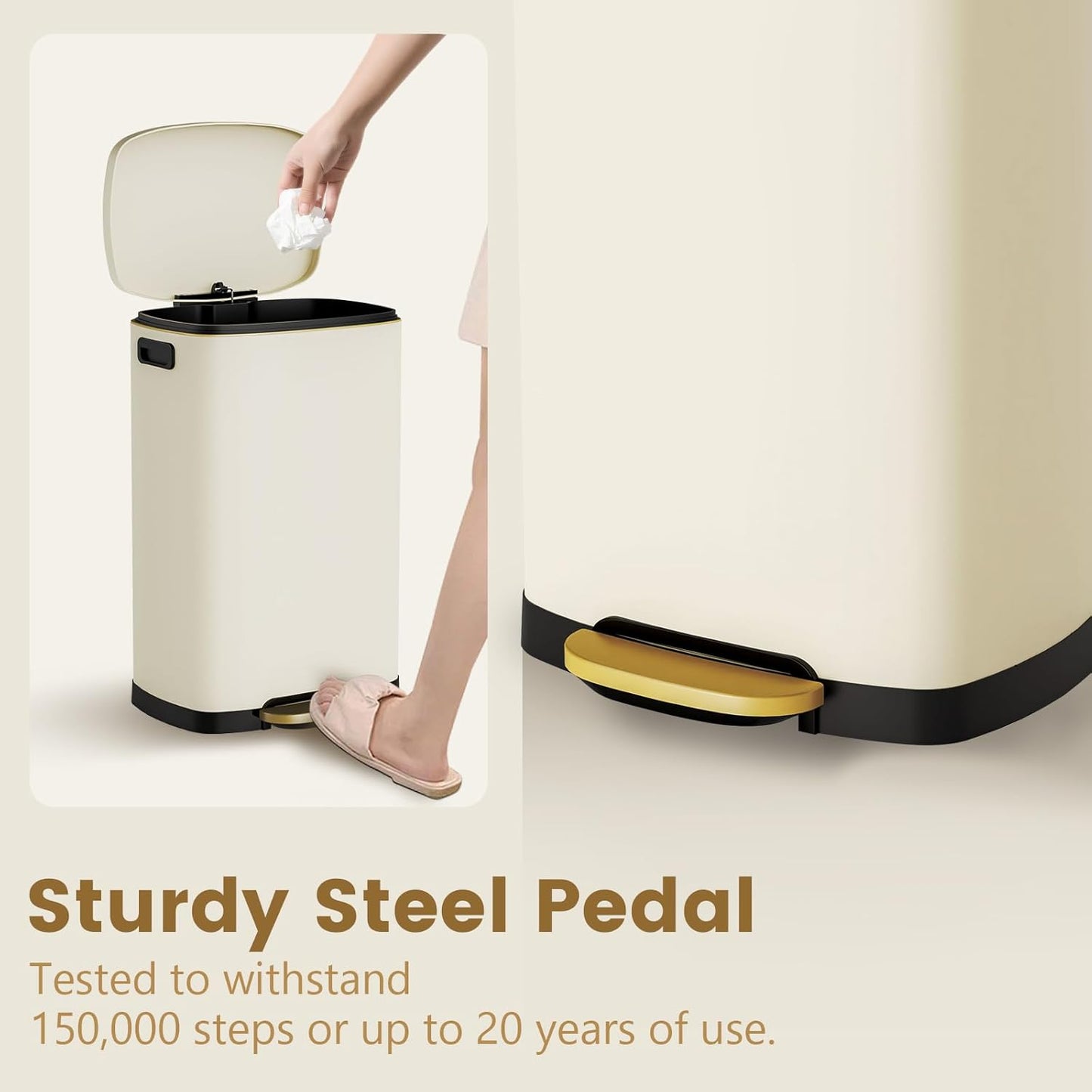 ELPHECO Kitchen Trash Can with Lid Soft Close, 13 Gallon / 50L Stainless Steel Pedal Garbage Can, Heavy-Duty Fingerprint Proof Step Wastebasket with 20 Bags, Removable Bucket, Home Office, Cream Beige