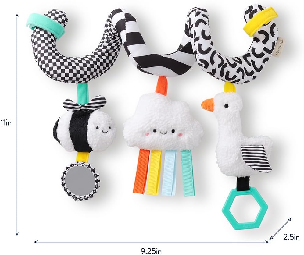 Itzy Ritzy Spiral Car Seat & Stroller Activity Toy - Stroller & Car Seat Toys for Ages 0 Months and Up - Hanging Toys Include Dangling Ring, Mirror and Textured Ribbons (High Contrast)