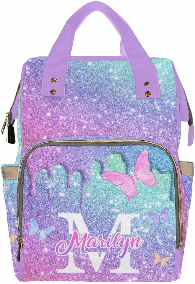 Customize Diaper Bag Nappy Daypack Expandable with Adjustable Shoulder Straps Nappy Daypack African Men Customized Name Gift For Baby Mom Gift, Neon Butterfly