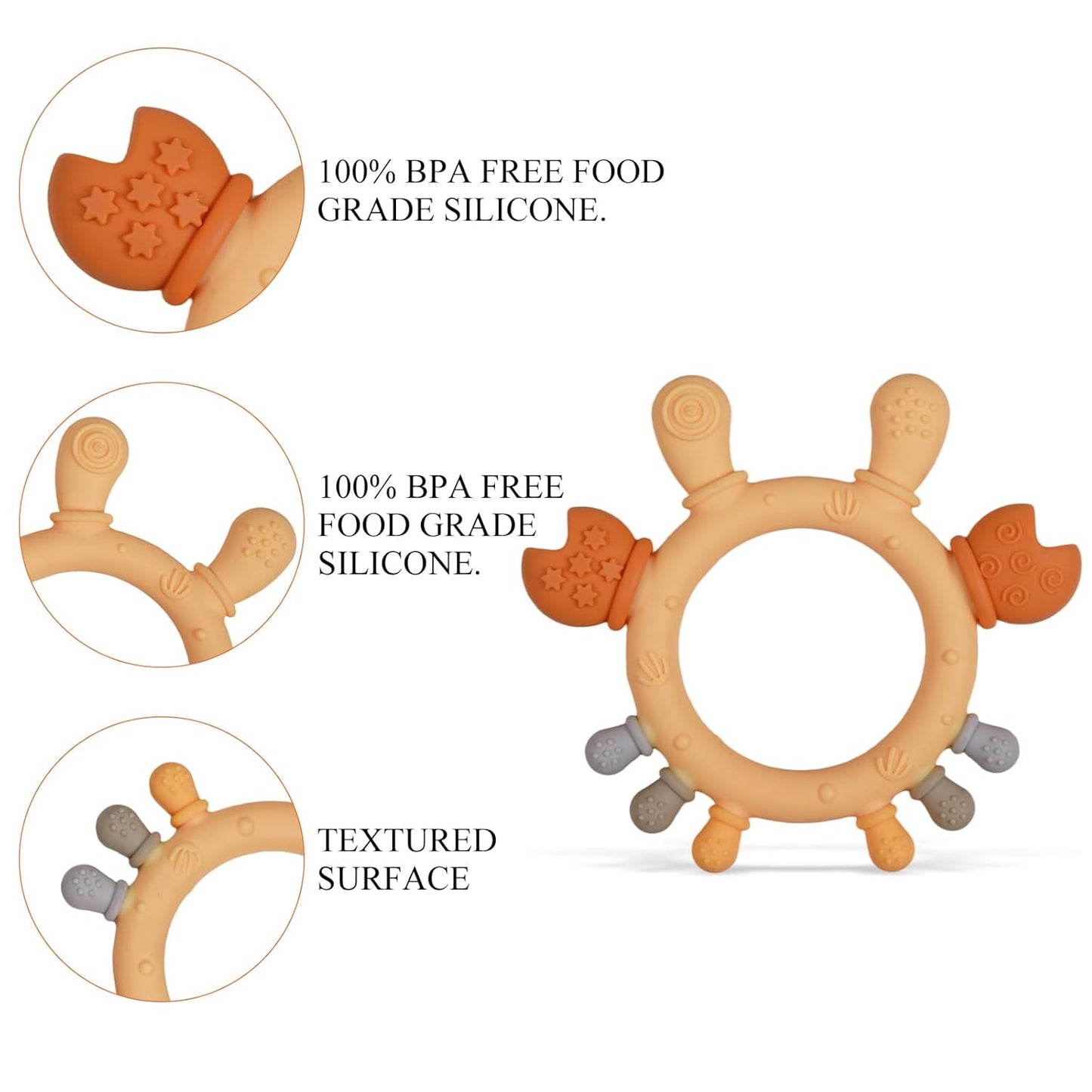 Baby Silicone Teether,Sensory Chew Toys,BPA Free Soft and Effective Infant Teething Pain Relief Toys,Freezer Safe,Food Grade Silicone,Best Shower Gift for Boys and Girls (Crab Ring)