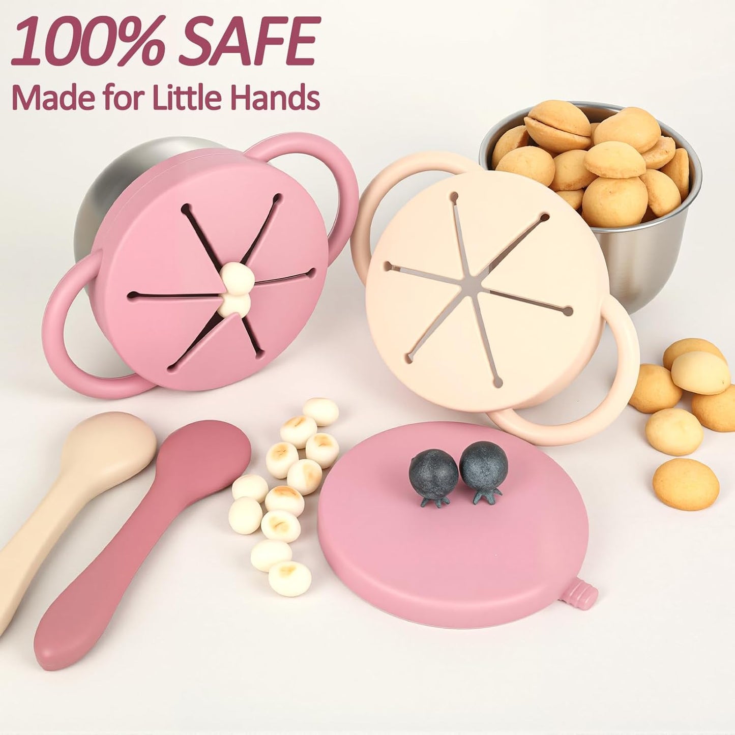 2 Pack Stainless Steel Toddler Snack Cups,Snack Containers For Kids,Baby Food Catcher Spill Proof,Bpa-Free,Food Grade Silicone,Spoon Is Included