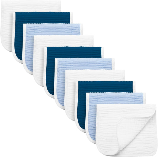 Synrroe Burp Cloths Large, Muslin Burp Cloths for Baby Girls and Boys, Pack of 10 Extra Absorbent and Soft Muslin, 6 Layers 20 by 10 Inches 100% Cotton (Blue Sets 10 Pack)