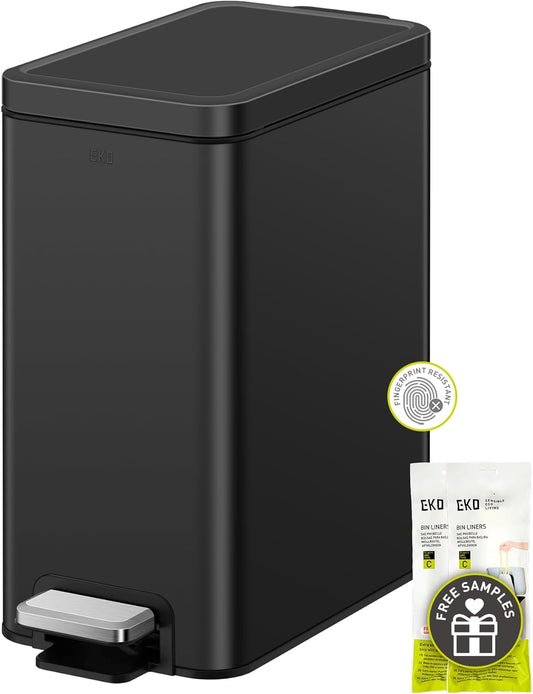 EKO Small Bathroom Trash Can with Lid Soft Close, Step Pedal, 10 Liter / 2.6 Gallon Stainless Steel Garbage Can with Removable Inner Bucket, Anti-Fingerprint Finish (Matte Black)