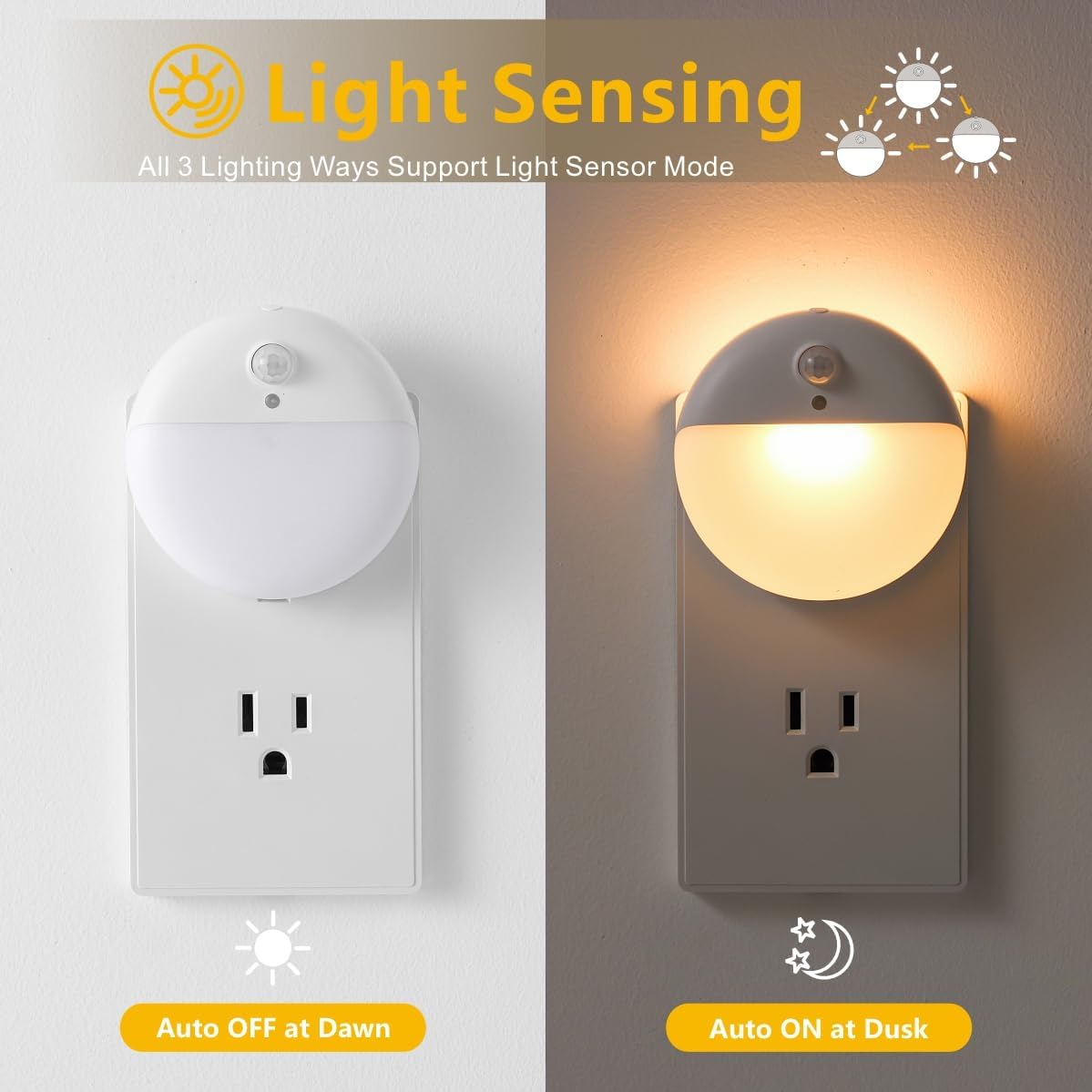 2 Pack Plug in Night Light with Motion Sensor and Dusk to Dawn Sensor, Stepless Dimming, Warm White LED Nightlight with 3 Lighting Ways for Bathroom, Bedroom, Kitchen, for Kids, Adults