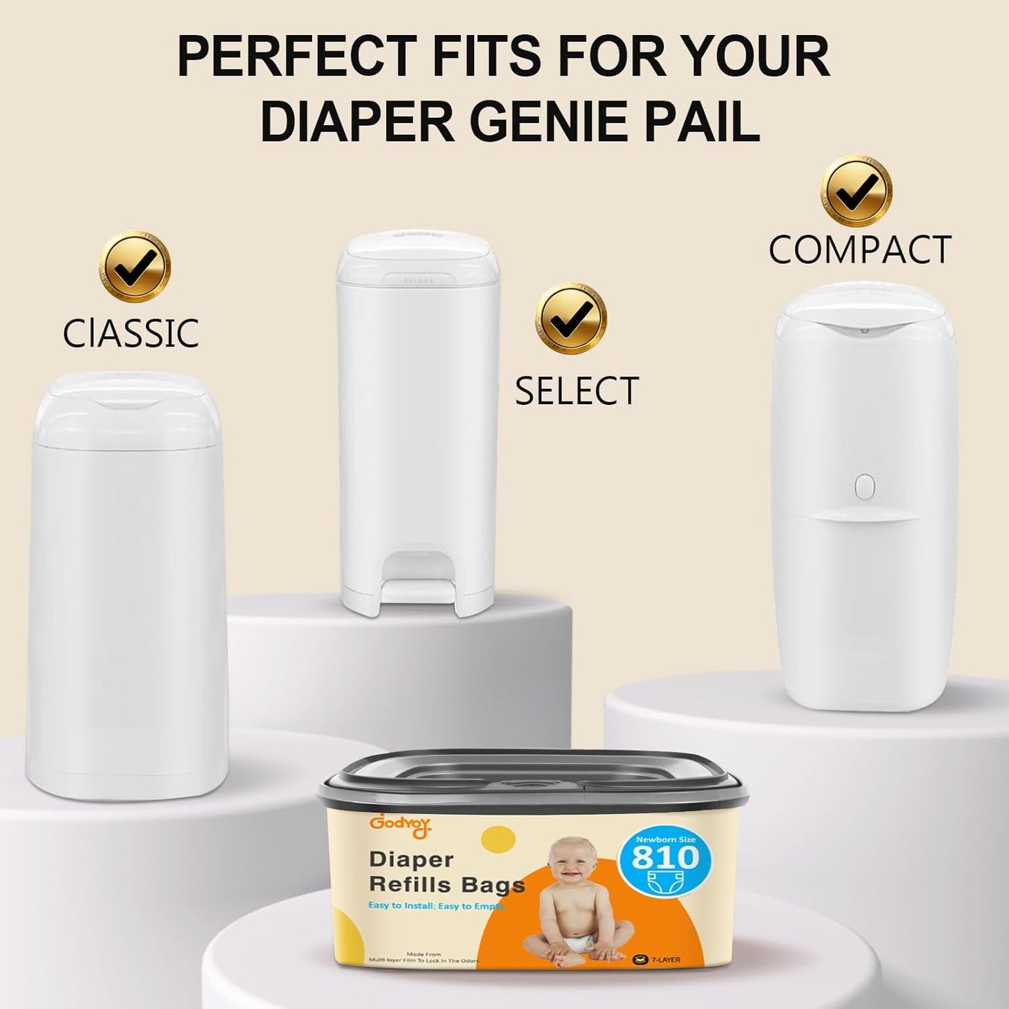 Jumbo Square Refill Compatible with Diaper Genie Classic,Compact and Select Pails,Odor Control & Durable,Holds Up to 810 Newborn Diapers,Plant Scented Disposal Bag Refills with Continuous Film（3 pack）