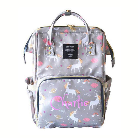 Personalized Large Diaper Bag Knapsack/Tote Bag/Backpack -Custom Monogram Embroidered for Infant/Baby Bag (Grey Unicorn 2)