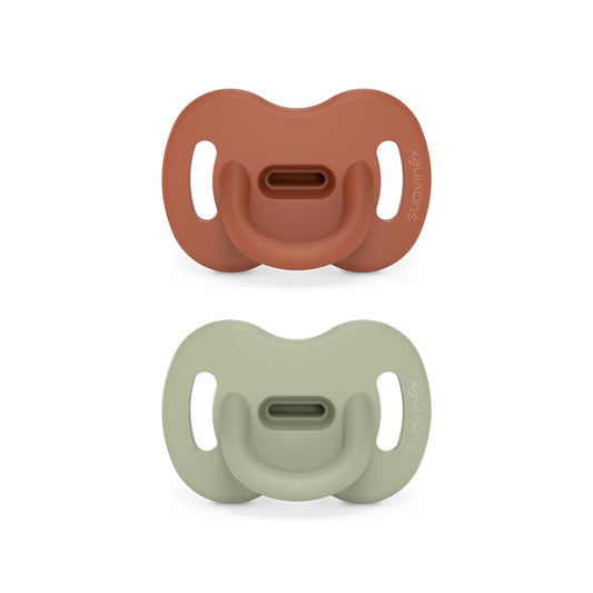 Color Essence SX PRO Silicone Baby Pacifier 2Pk, Made with 100% Soft Silicone, Baby Essentials Perfect for Breastfeeding Babies, Designed in Spain, 6-18 Mths, Orange/Green