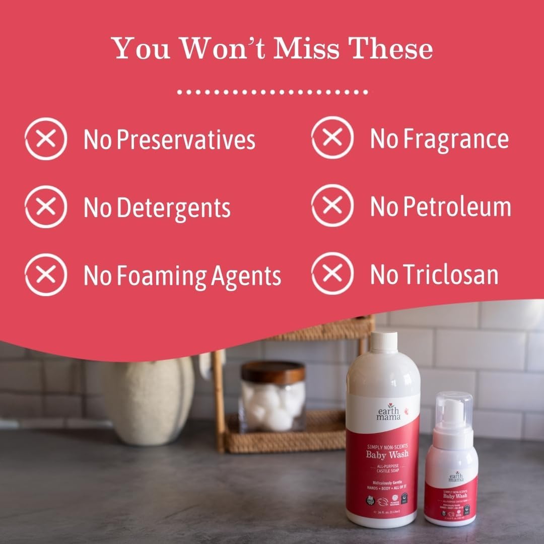 Earth Mama Simply Non-Scents Baby Wash Liquid Hand Soap Refill, Organic Body Wash for Sensitive Skin, All Purpose Castile Soap Liquid with Coconut Oil, Shea Butter, Calendula & Aloe, 34 fl oz