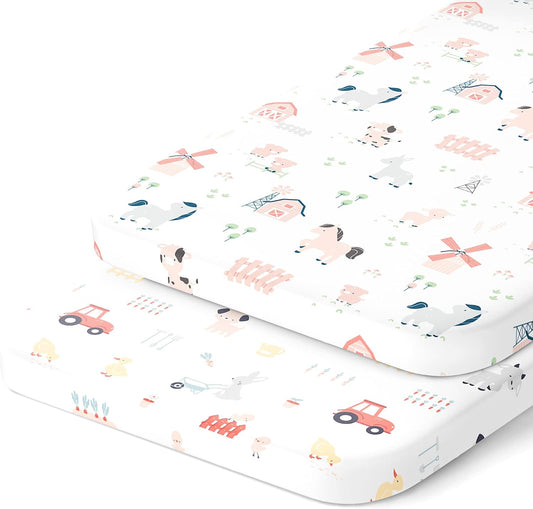 Bassinet Sheets 20x30 Inch for Graco Travel Lite Crib, Sense2Snooze, My View 4 in 1, Dream Suite and Guava Bassinet – 100% Jersey Cotton Fitted Sheets – Farm Animals – 2 Pack