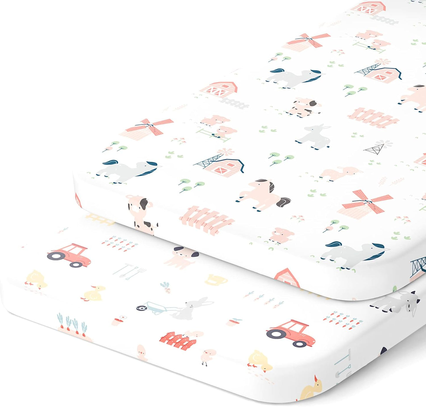 Joey + Joan Bassinet Fitted Sheets 19" x 32" for Cowiewie Bedside Sleeper Bassinet Mattress Pad – Snuggly Soft 100% Jersey Cotton – Farm Animals – 2 Pack