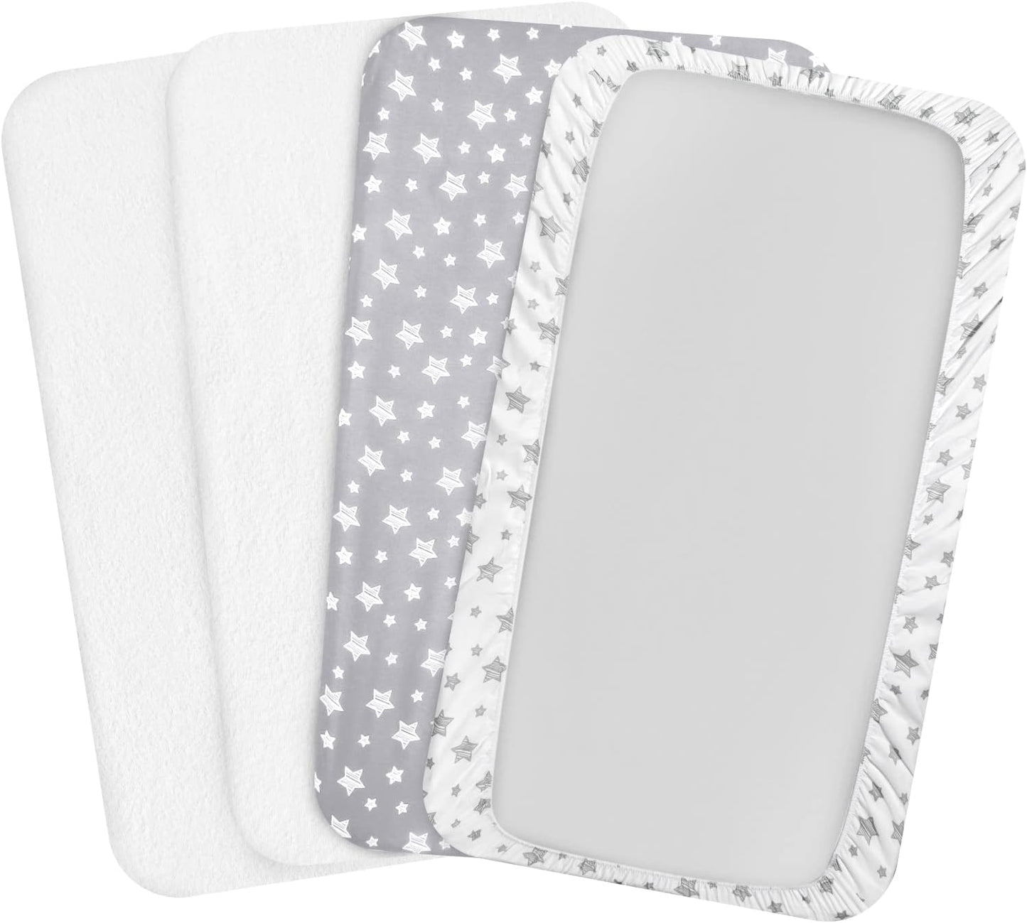 Pack and Play Sheets & Waterproof Terry Pack N Play Mattress Protector Pad Cover 4 Pack, Viscose Terry Pack N Play Sheets Set, Grey & White