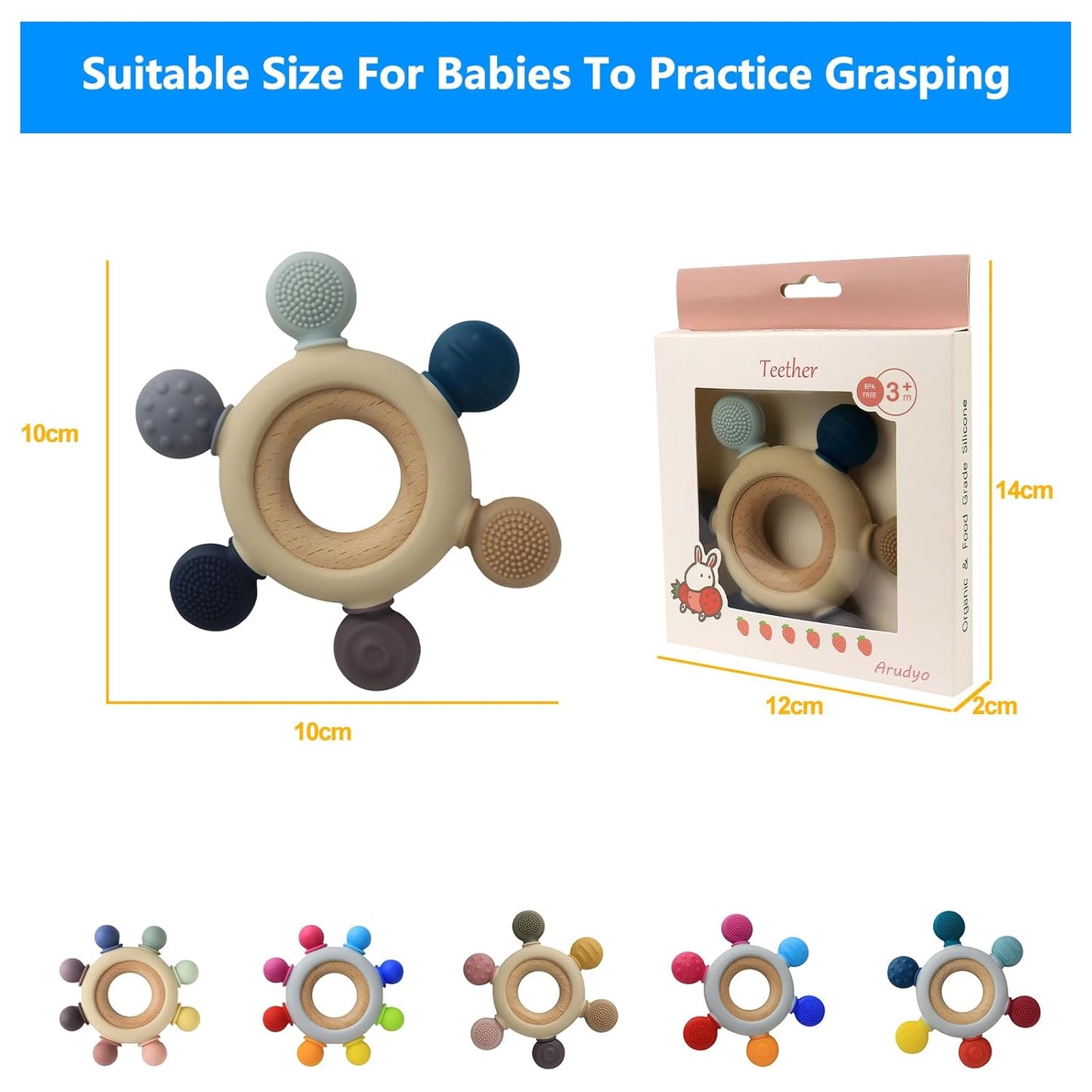 Baby Teething Toys Silicone Teethers BPA Free Silicone Rudder with Wooden Ring Soothe Babies Gums (Gray)