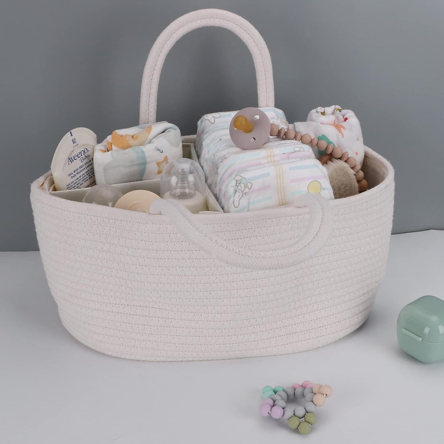 Baby Diaper Caddy Organizer for Girl Boy Cotton Rope Nursery Storage Bin Basket Portable Holder Tote Bag for Changing Table Car Travel Baby Shower Gifts Newborn Essentials Registry Must Haves White