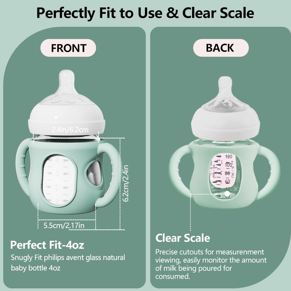 2 Pack Silicone Sleeves for Avent Natural Glass Baby Bottles, Anti Breakage Bottle Holder with Handle, Compatible Philips Avent Glass Natural Bottle 4 oz, Not for Infant Use