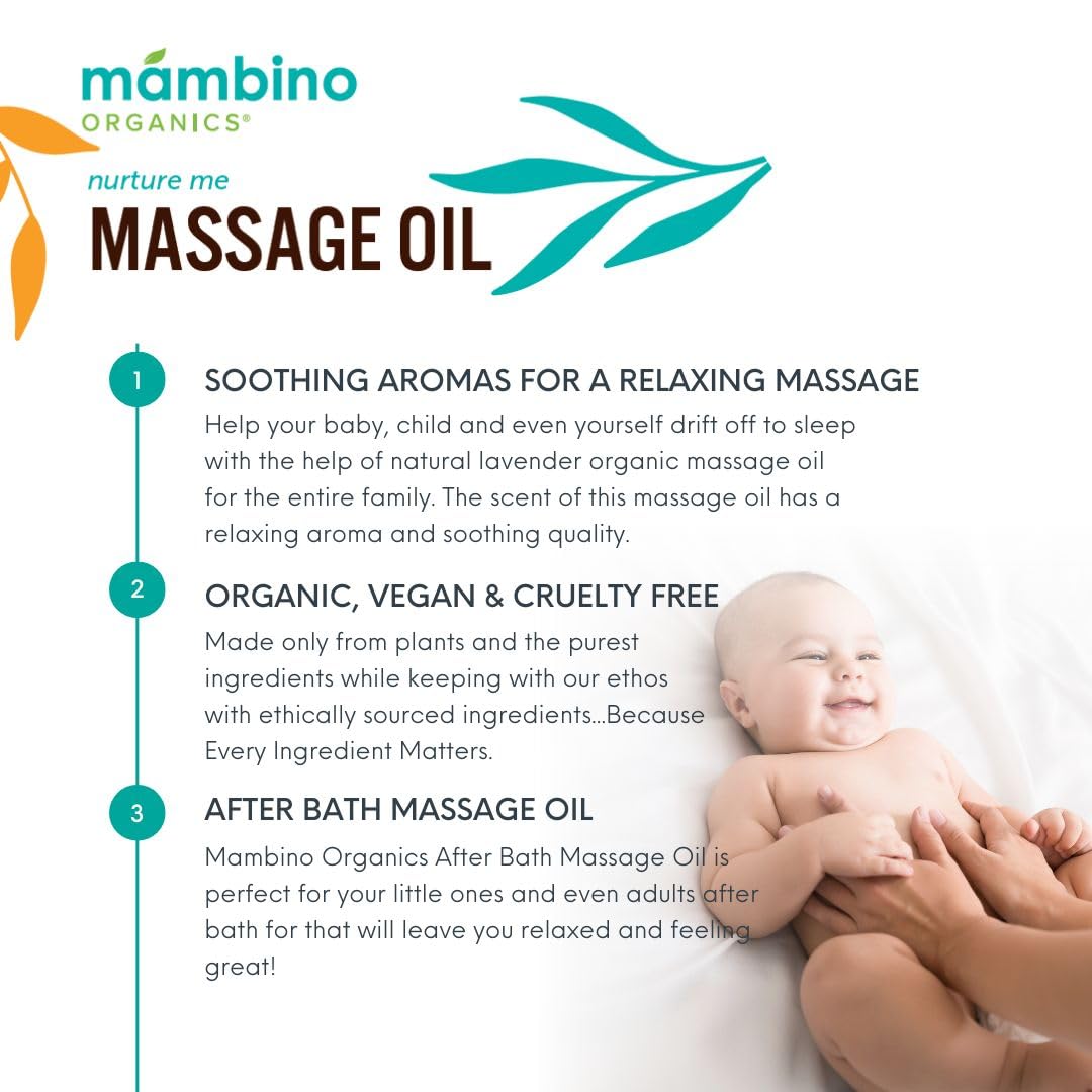 Mambino Organics Massage Baby Oil – Organic, Nourishing with Egyptian Calendula, Chamomile & Lavender – Gentle for After-Bath Relaxing – Cruelty-Free Baby Oils for Baby & Kids, 2-Pack 5 fl oz