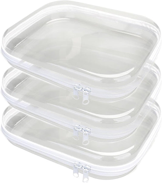 3PCS Clear Hard Plastic Zipper Case, Double Zippers Hard Pouch, Portable Travel Organizer Bin Clear Makeup Bag for Toy Storage, Snack Bag, Cosmetics, Pencil Case, Diaper Bag, Toiletry Bag